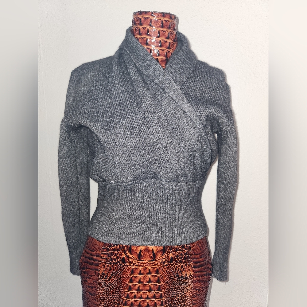 RARE Vintage 80's Escada Cropped Cowl Wrap Wool Blend Sweater Gray 42